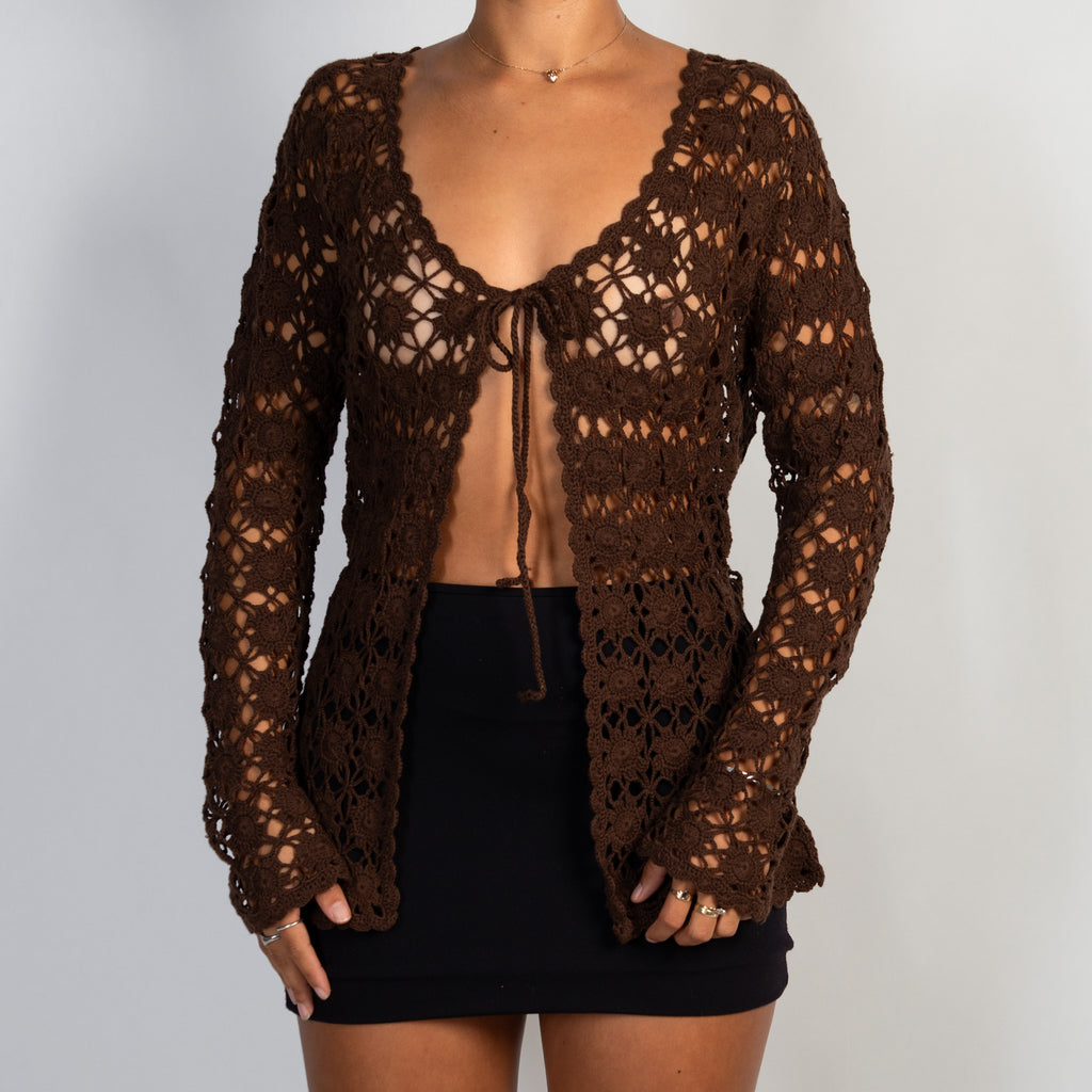 BROWN CROCHET TIE FRONT TOP