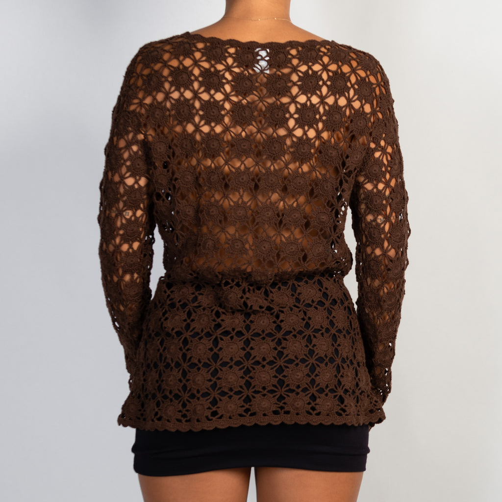 BROWN CROCHET TIE FRONT TOP