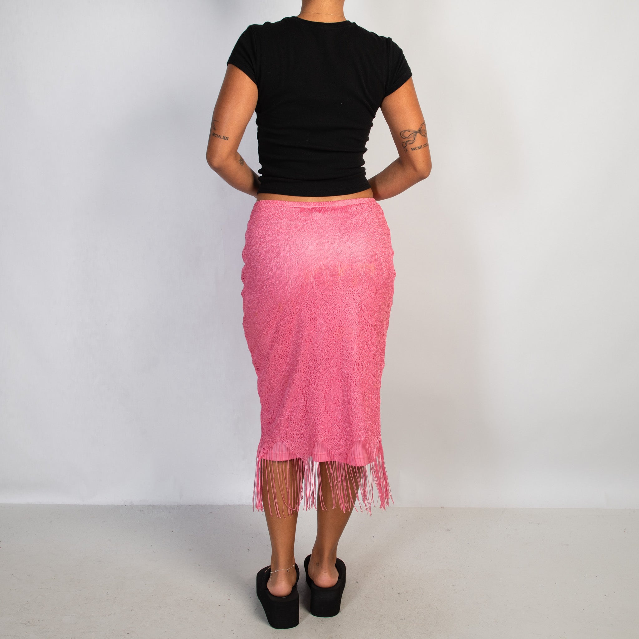 PINK FRINGE MIDI SKIRT