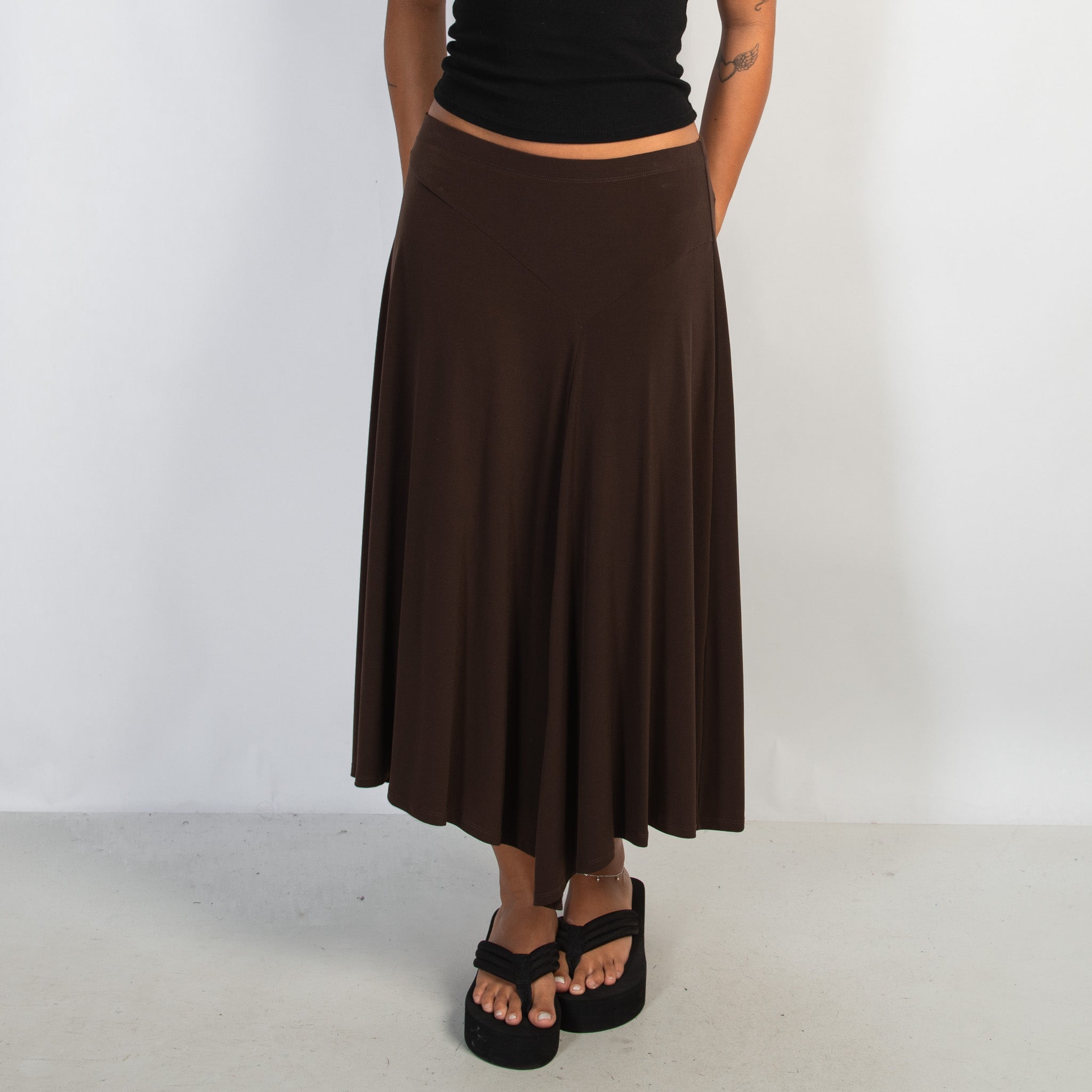 BROWN SLINKY MIDI SKIRT