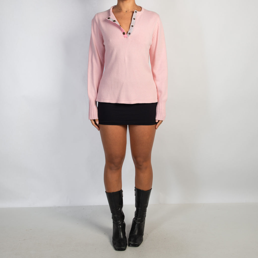 PINK KNIT HENLEY TOP