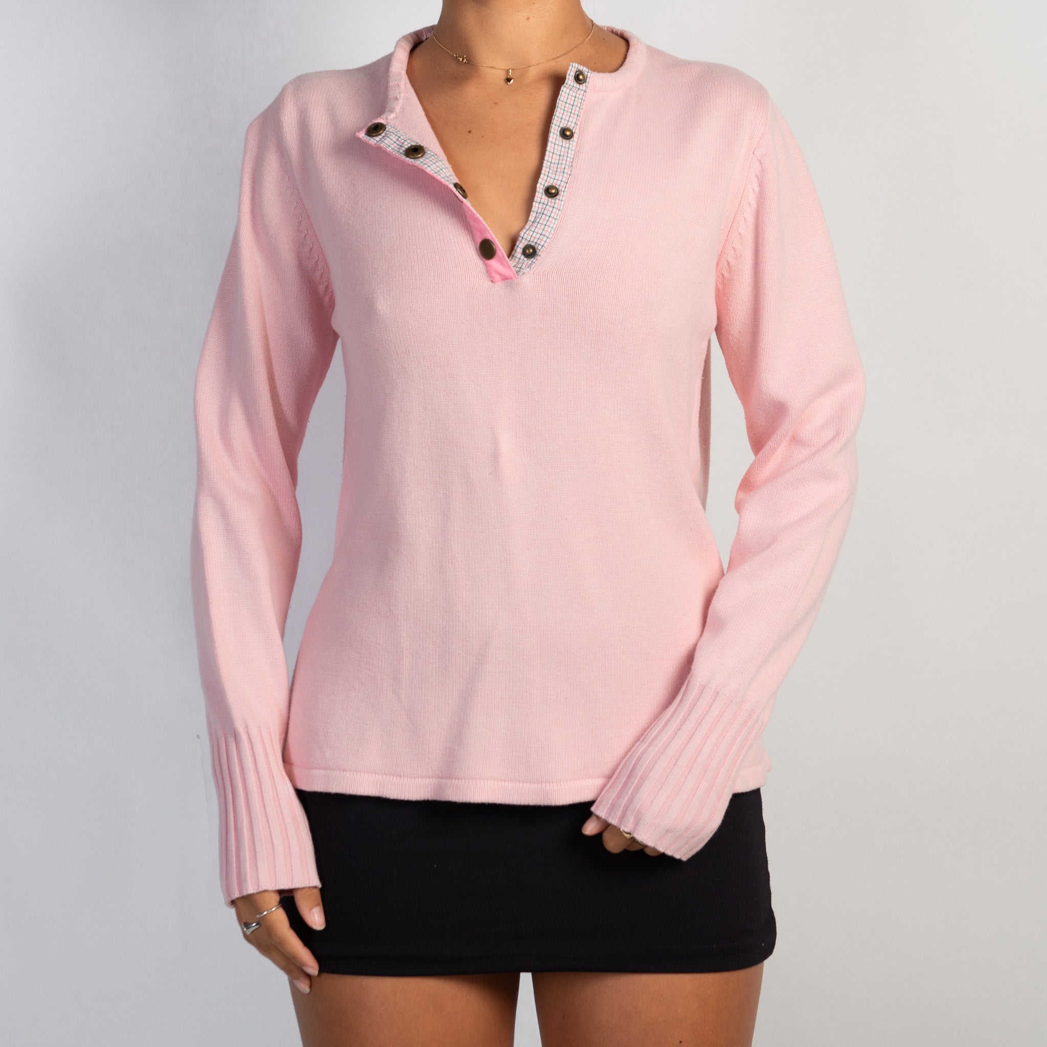 PINK KNIT HENLEY TOP