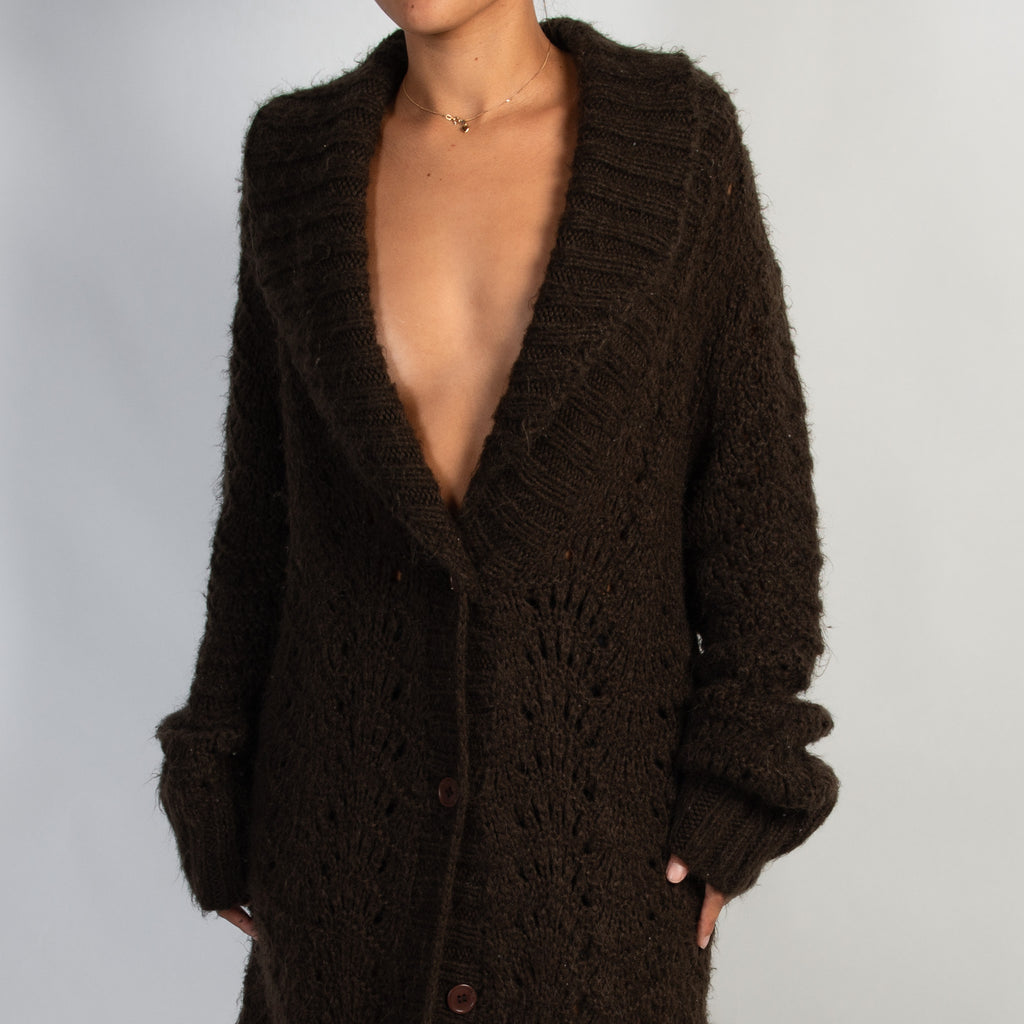 BROWN KNIT LONGLINE CARDIGAN
