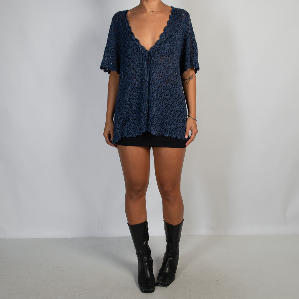 NAVY CROCHET TIE TOP