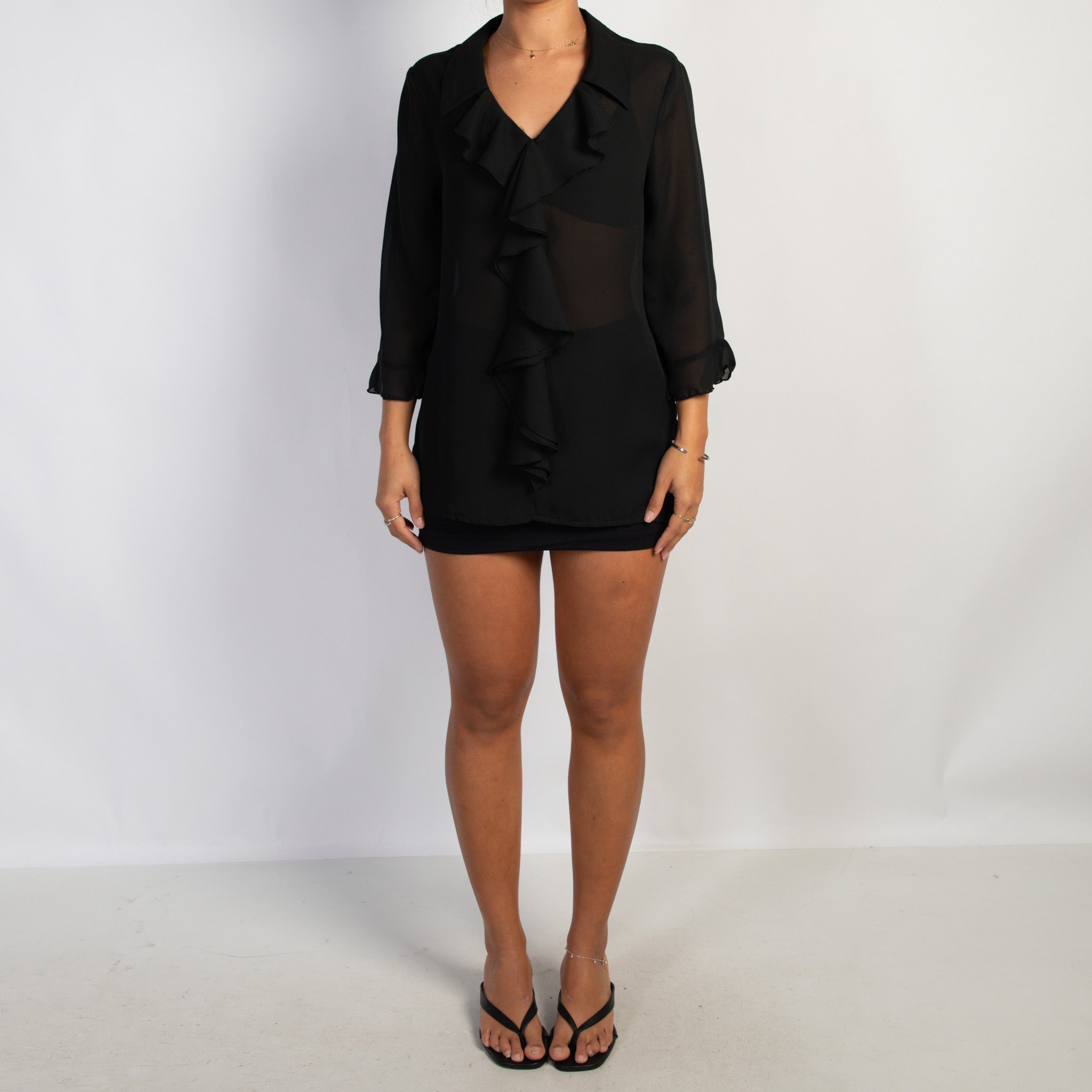 SHEER BLACK RUFFLE BLOUSE