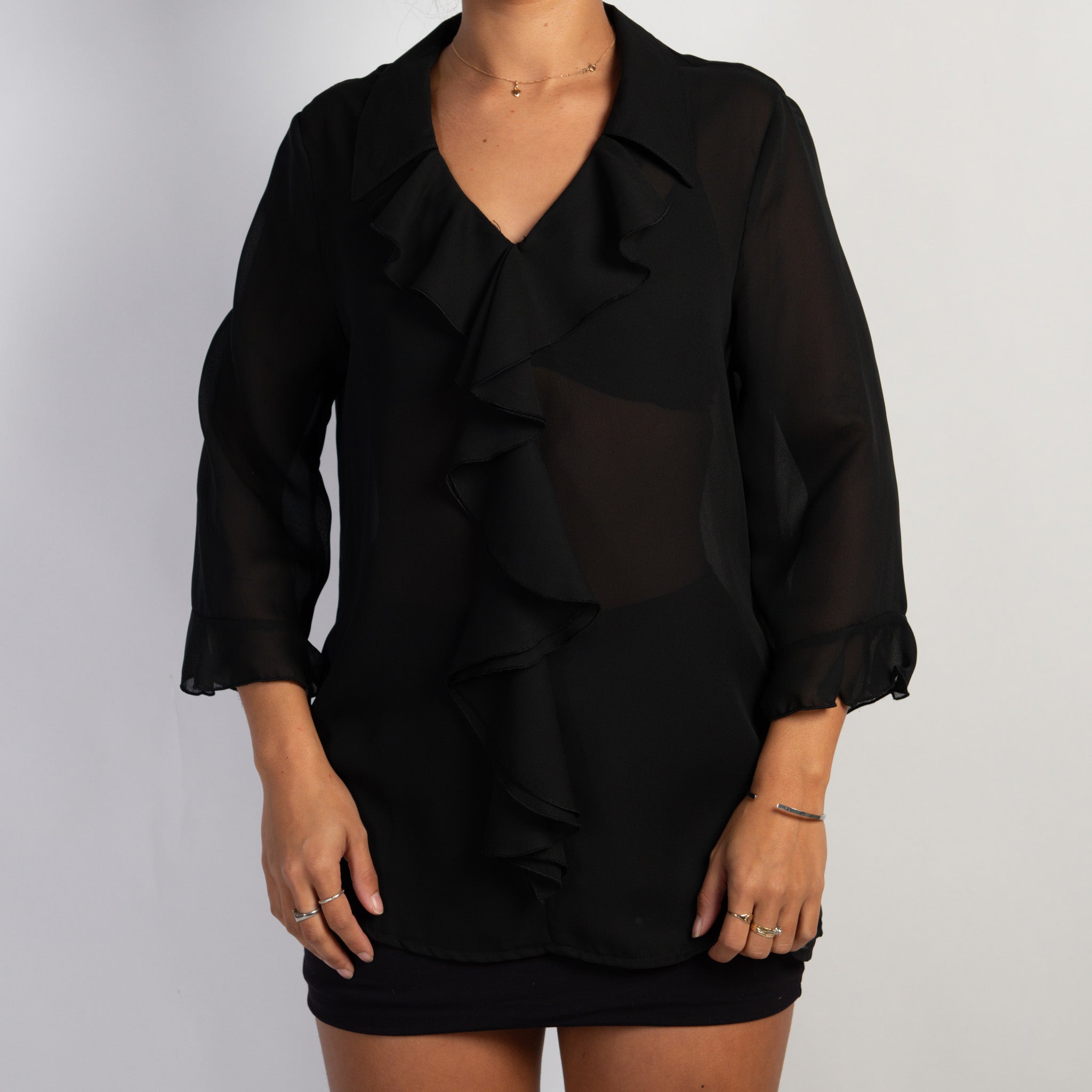 SHEER BLACK RUFFLE BLOUSE