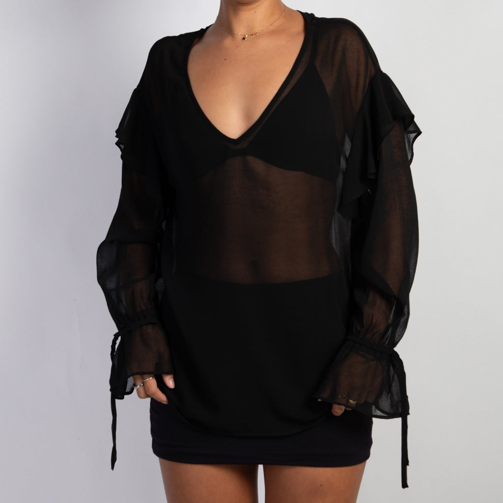 SHEER BLACK RUFFLE BLOUSE