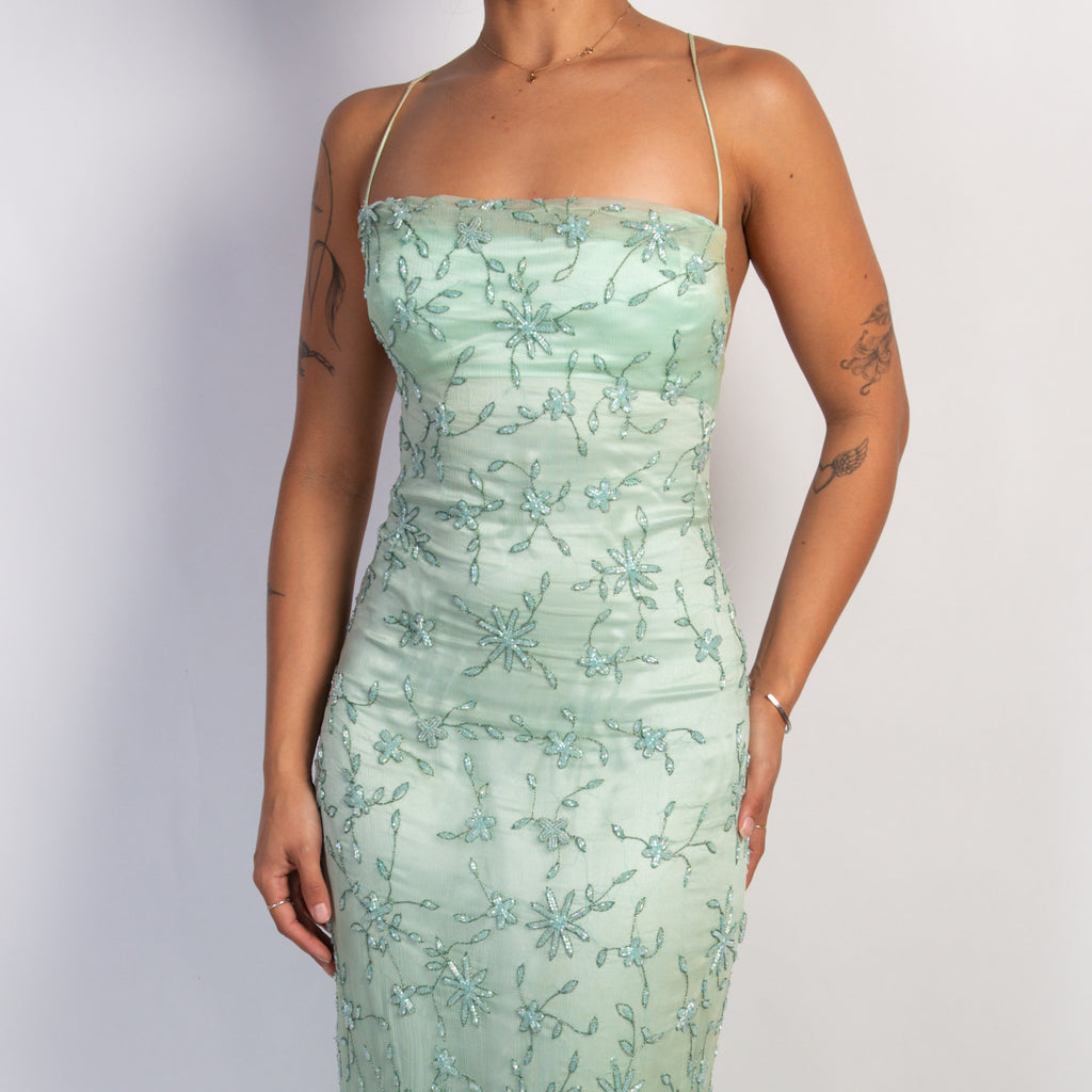 MINT FLORAL BEADED GOWN