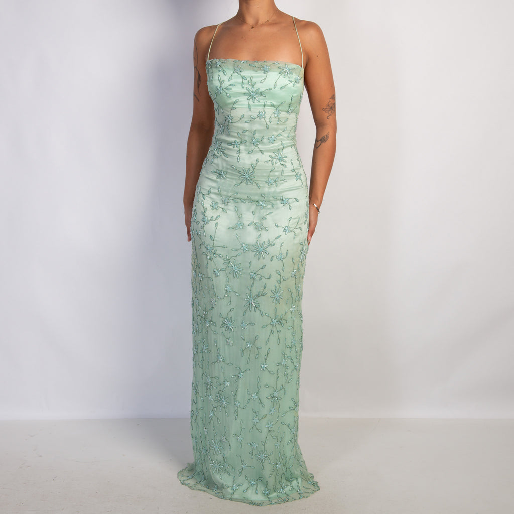MINT FLORAL BEADED GOWN