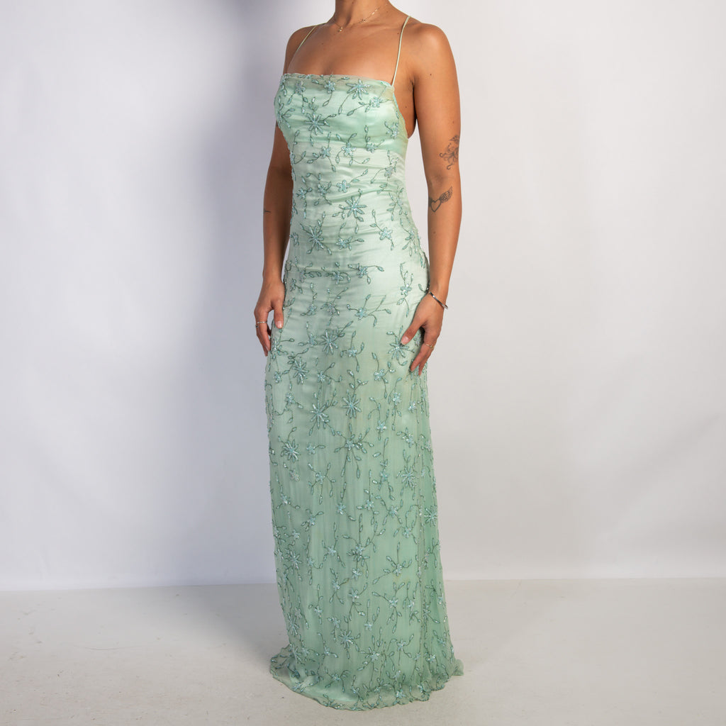 MINT FLORAL BEADED GOWN