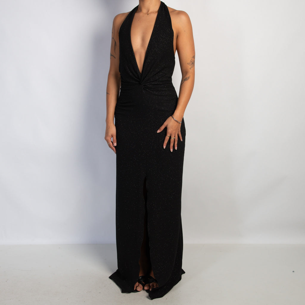 BLACK SPARKLE HALTER GOWN