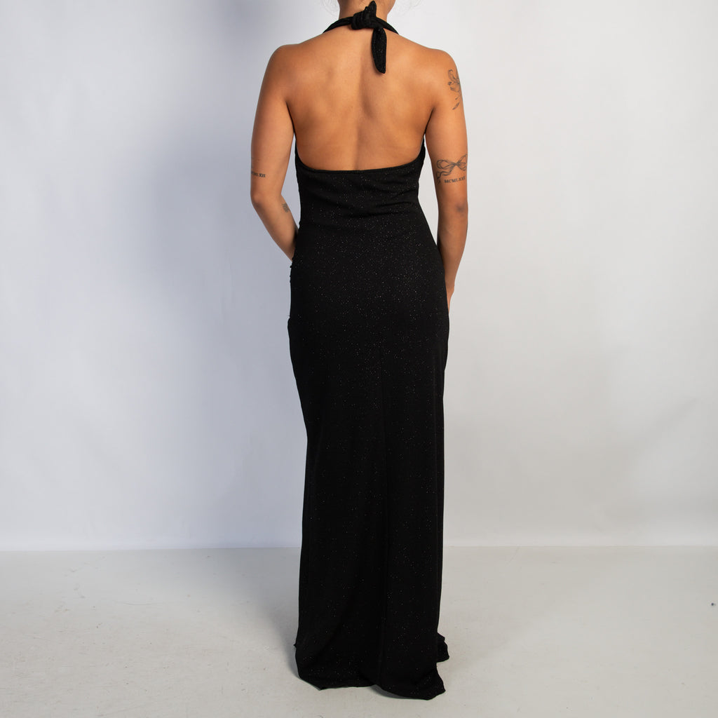 BLACK SPARKLE HALTER GOWN