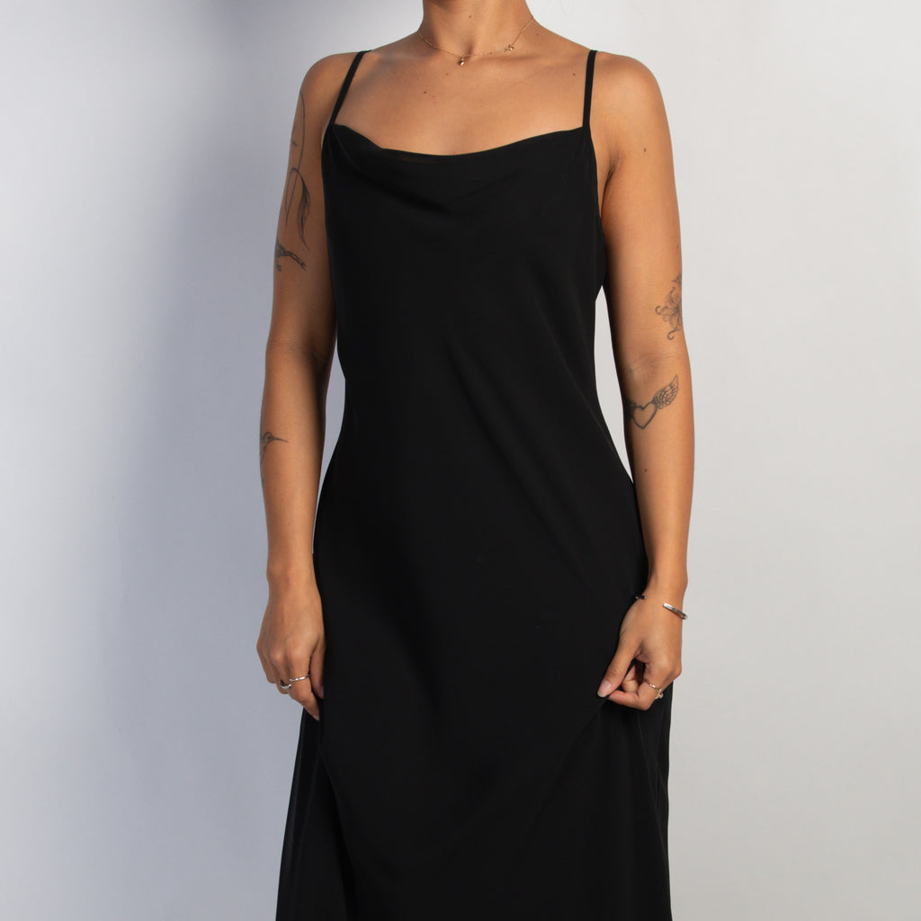 BLACK COWL NECK MIDI DRESS