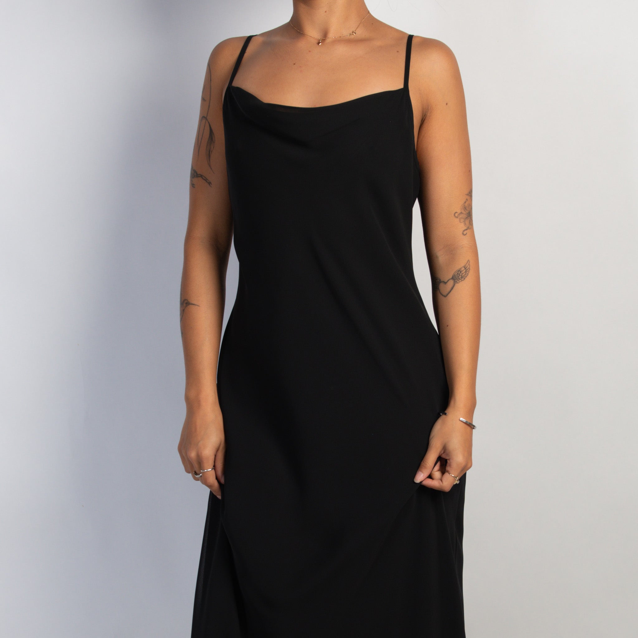 BLACK COWL NECK MIDI DRESS