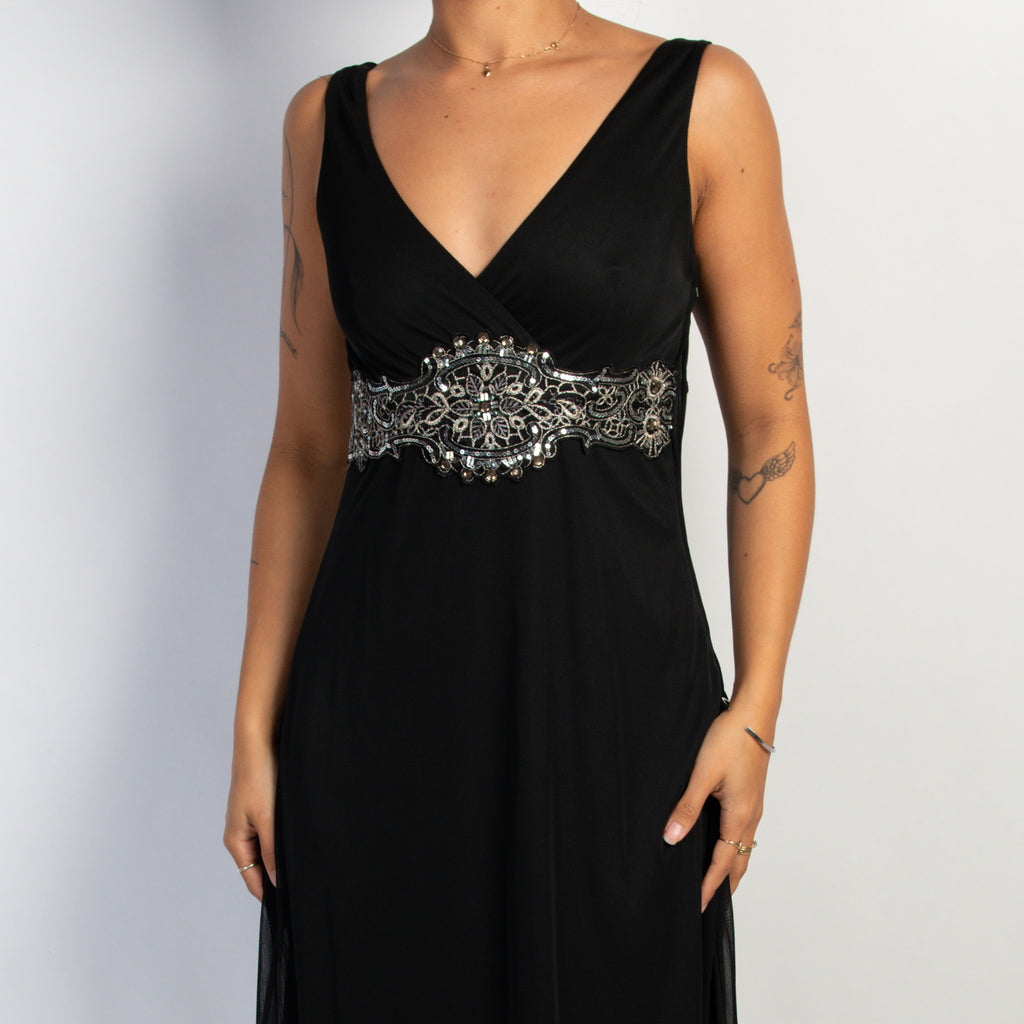 BLACK SEQUIN WAIST MIDI DRESS
