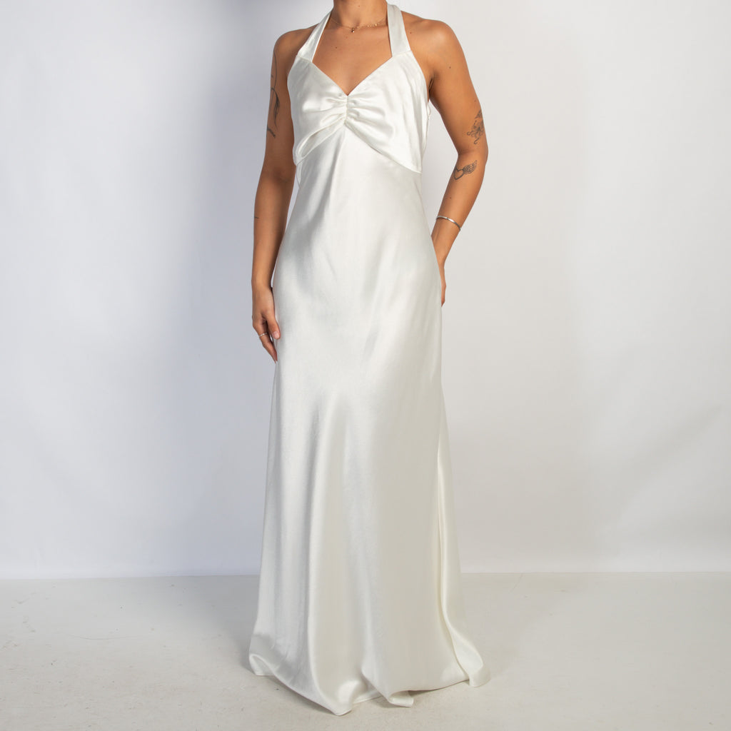 WHITE SATIN HALTER GOWN