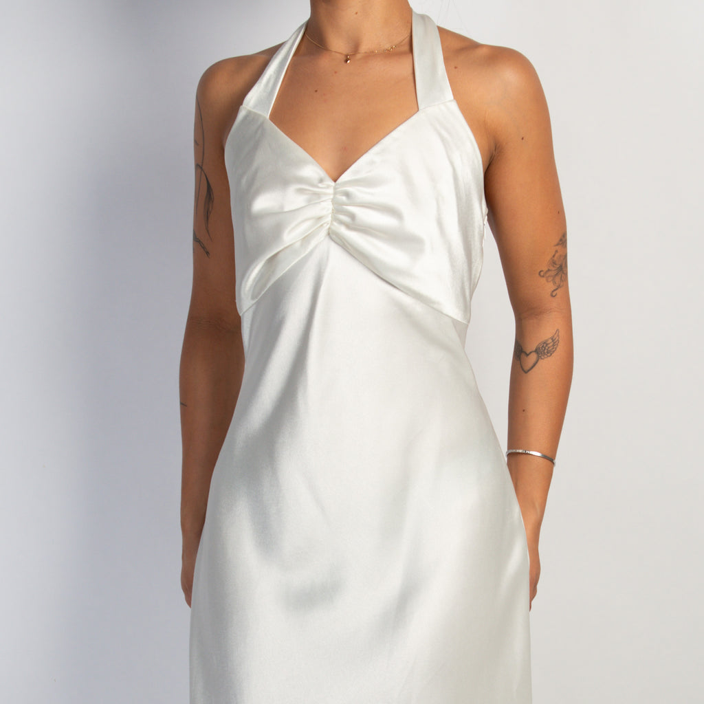 WHITE SATIN HALTER GOWN