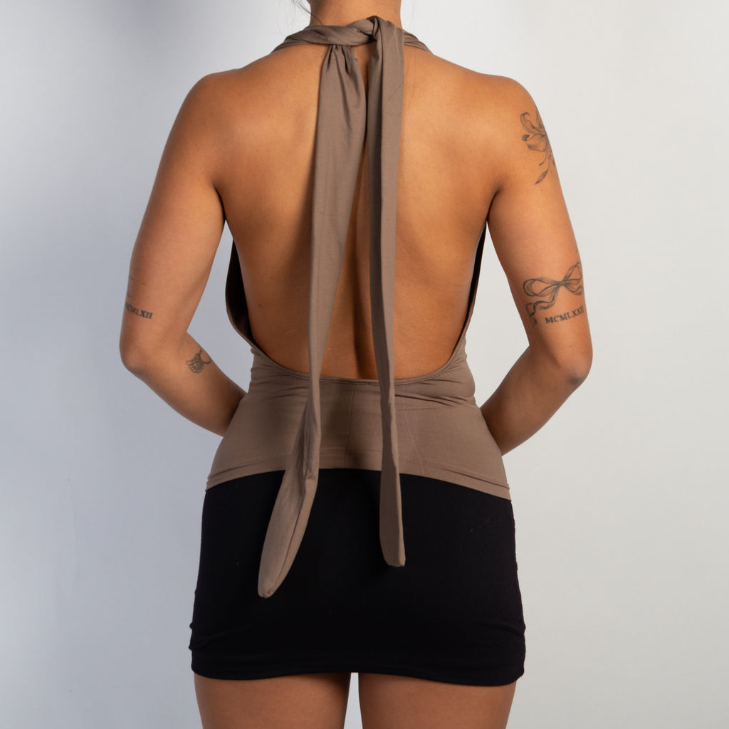 TAUPE HALTER PLUNGE TOP