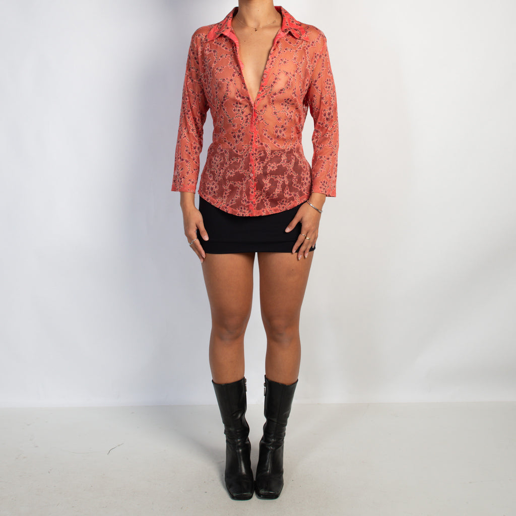CORAL MESH FLORAL BLOUSE