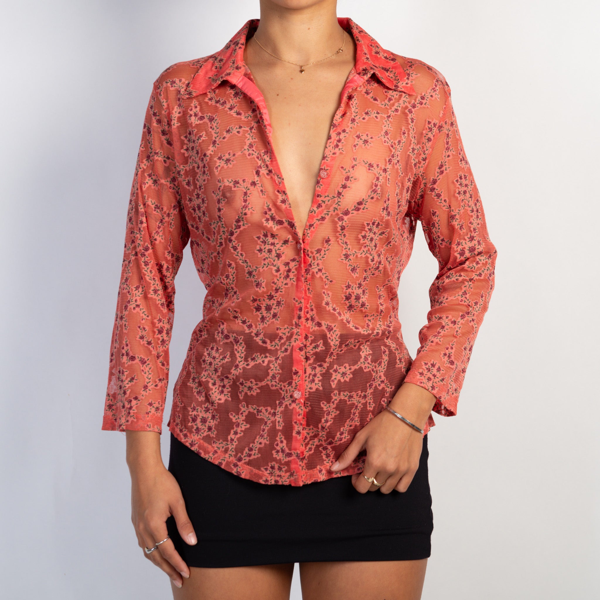 CORAL MESH FLORAL BLOUSE
