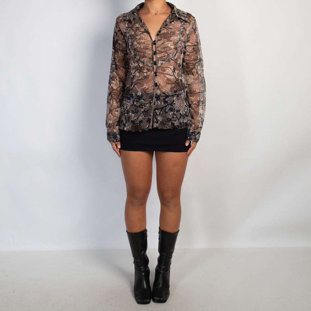 BROWN SHEER MESH BLOUSE