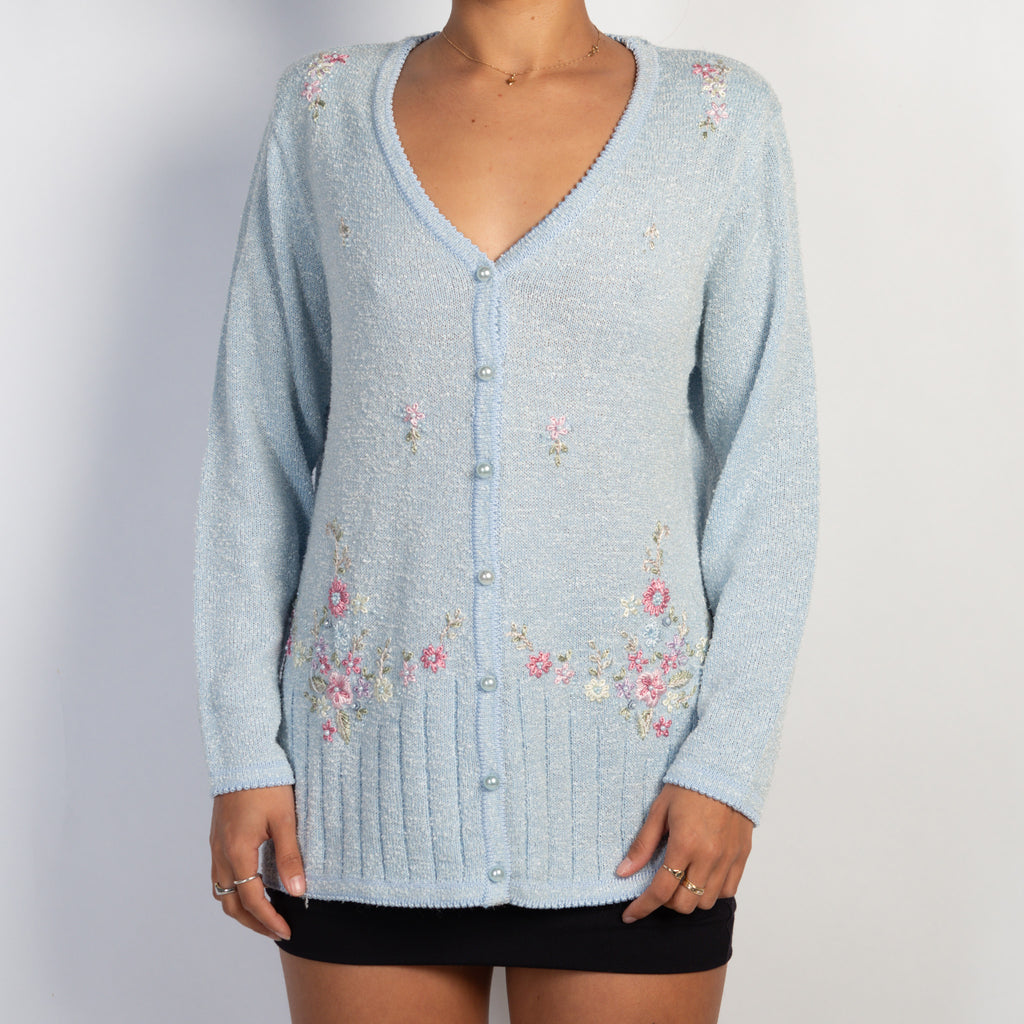 BLUE KNIT FLORAL CARDIGAN