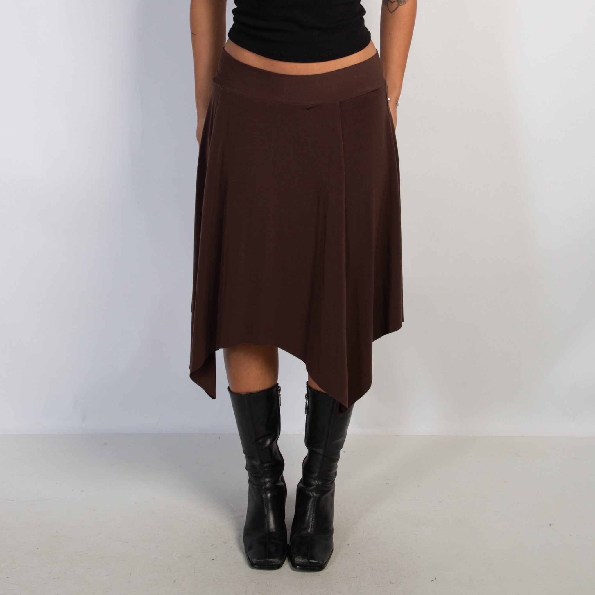 BROWN ASYMMETRIC MIDI SKIRT