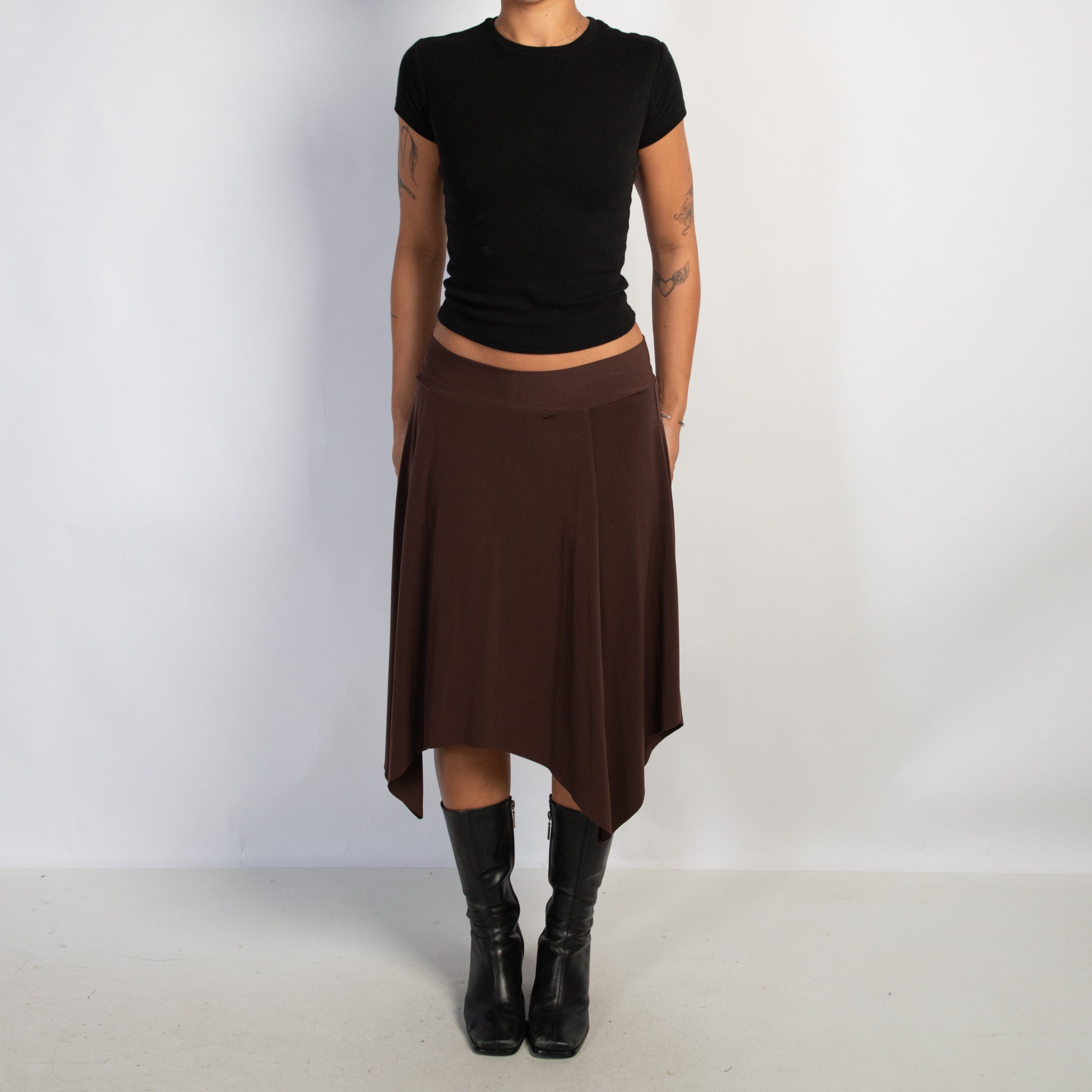 BROWN ASYMMETRIC MIDI SKIRT