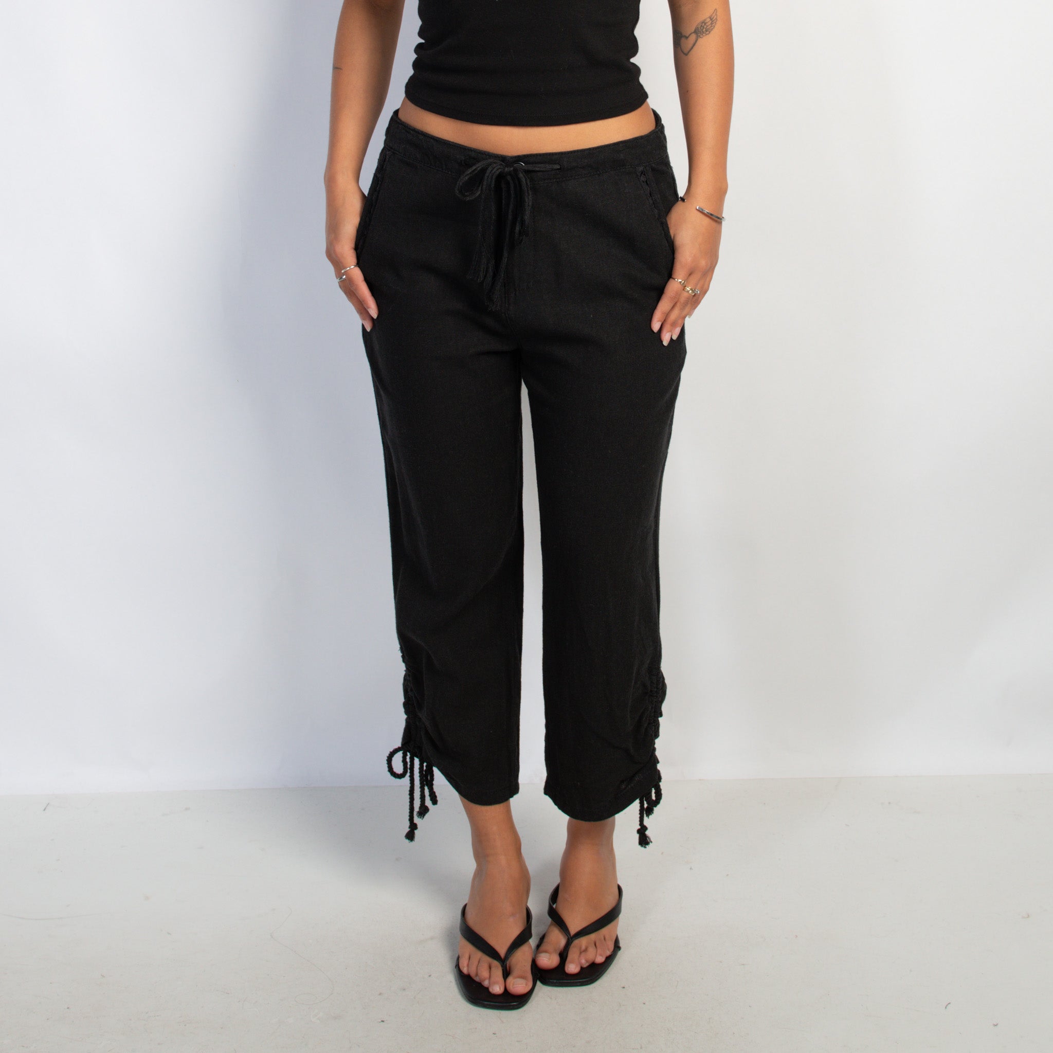 BLACK LINEN DRAWSTRING PANTS