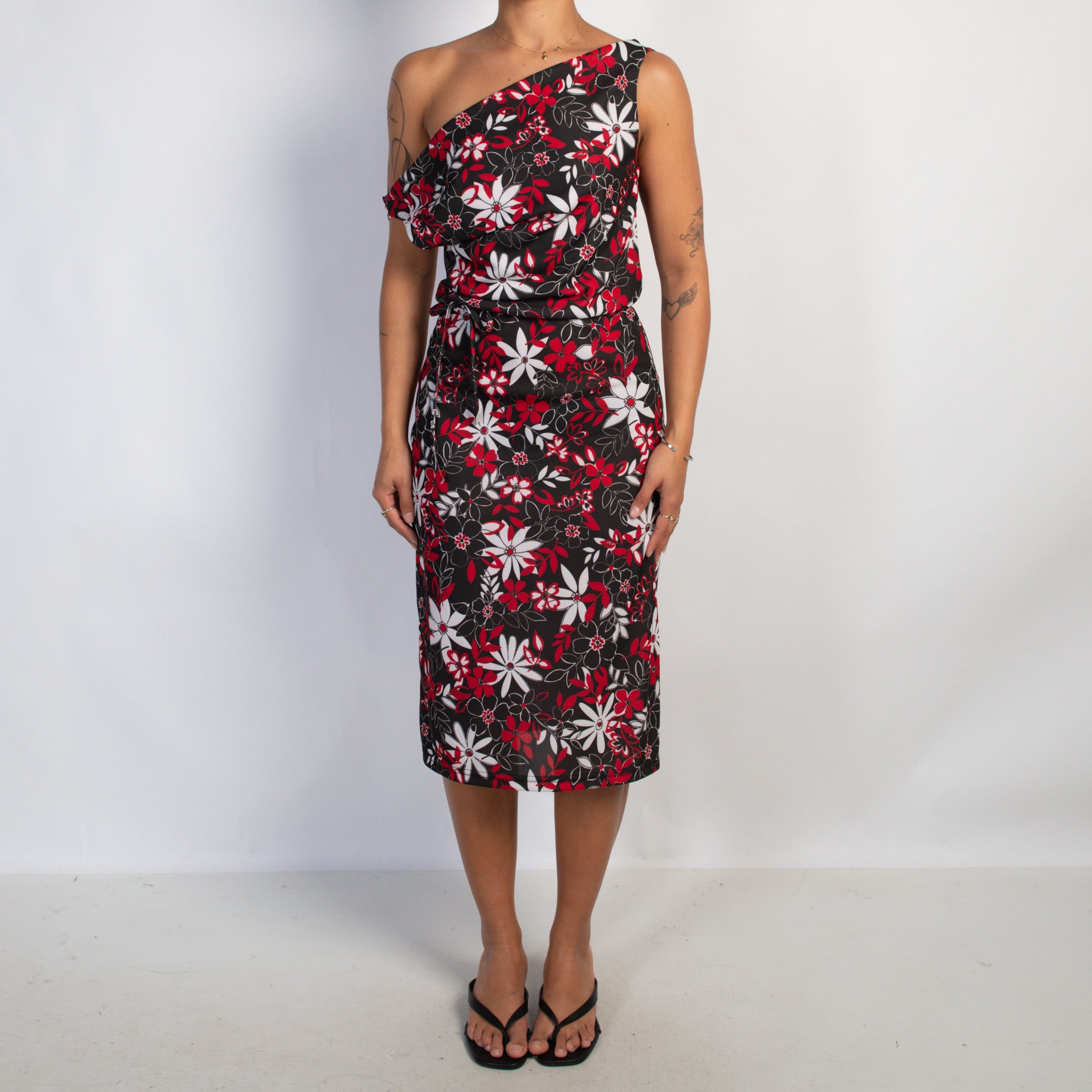 RED FLORAL MIDI DRESS