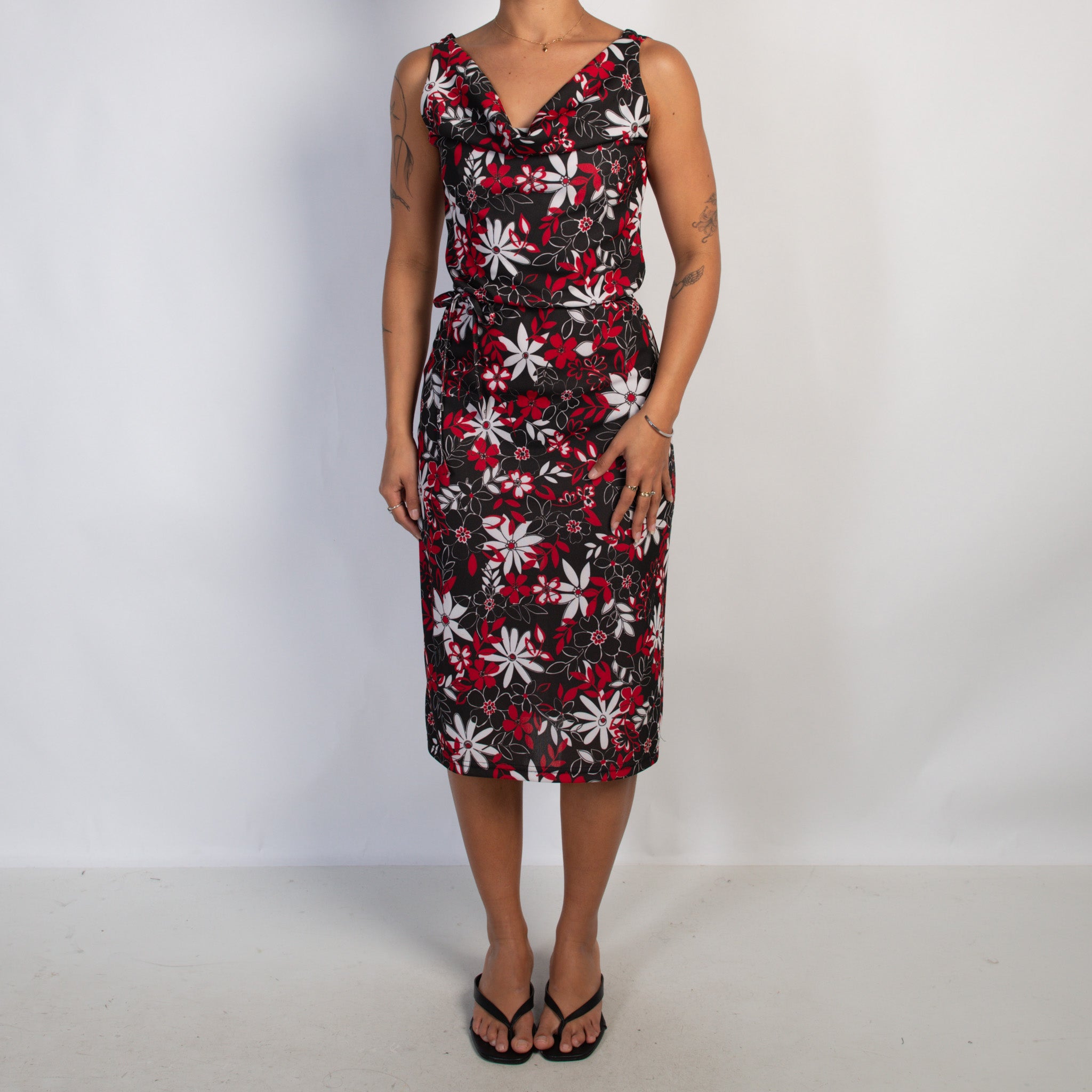 RED FLORAL MIDI DRESS