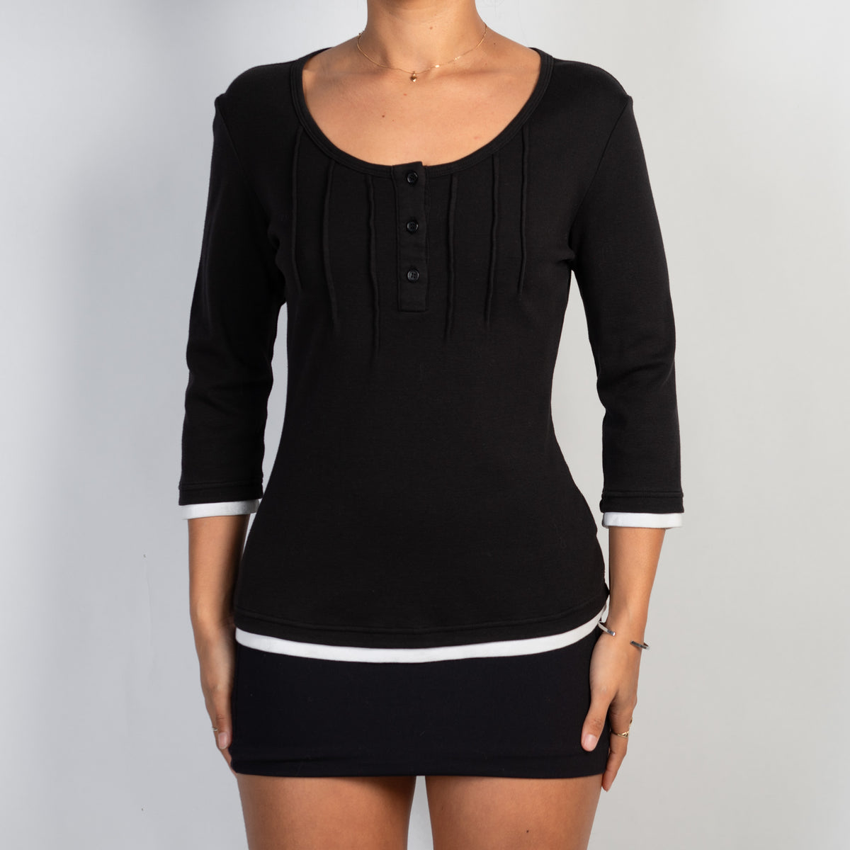BLACK PIN TUCK HENLEY TOP