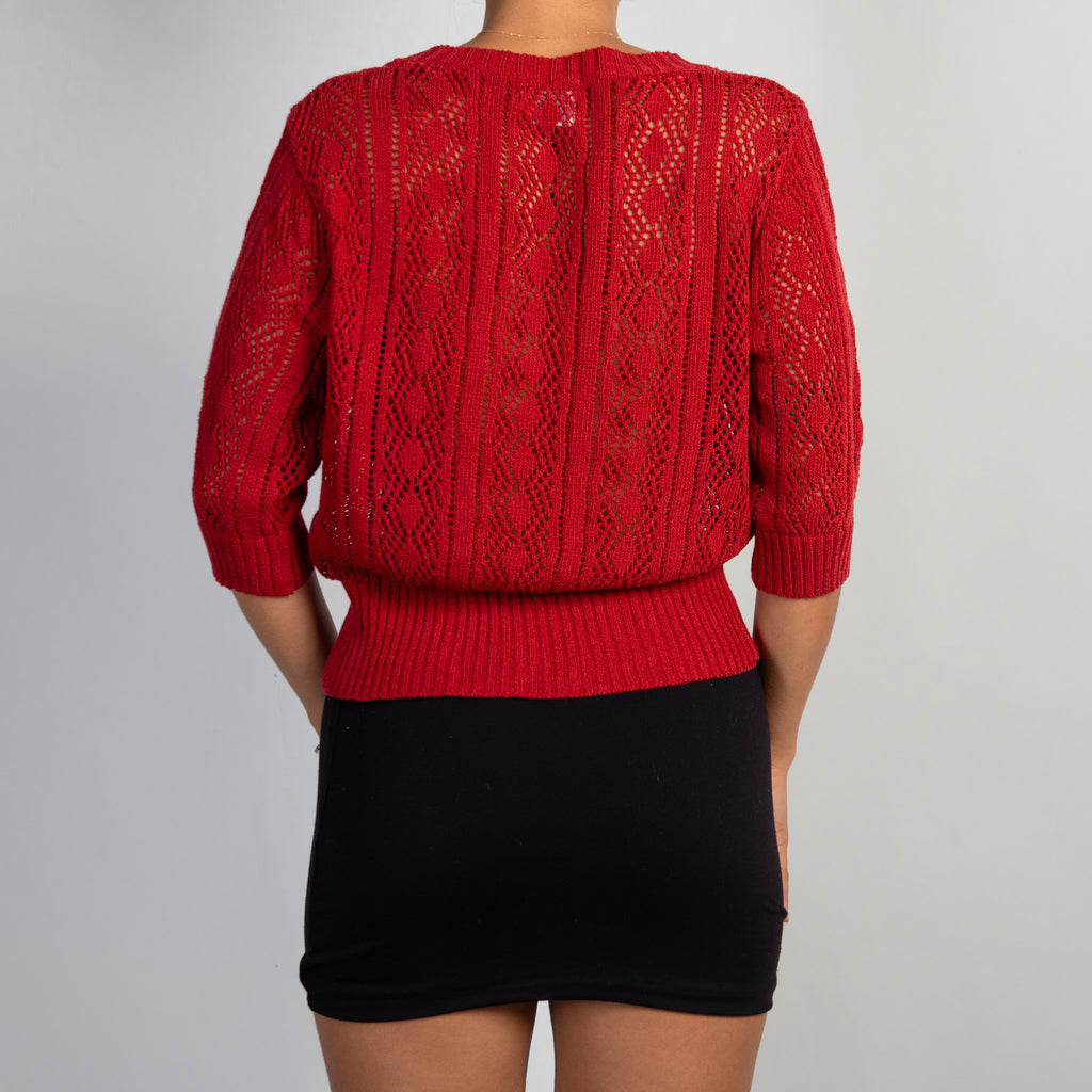 RED CROCHET KNIT CARDIGAN