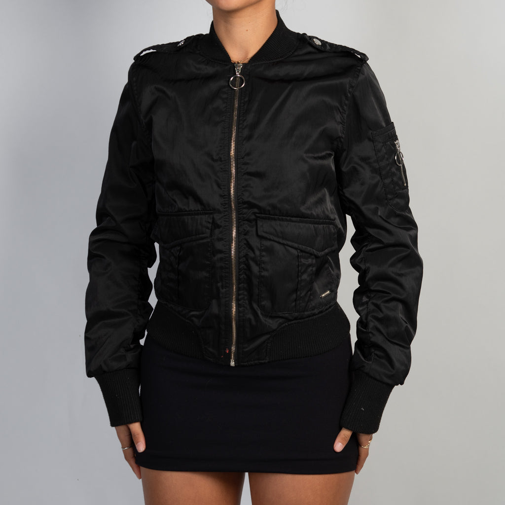 BLACK SATIN BOMBER JACKET