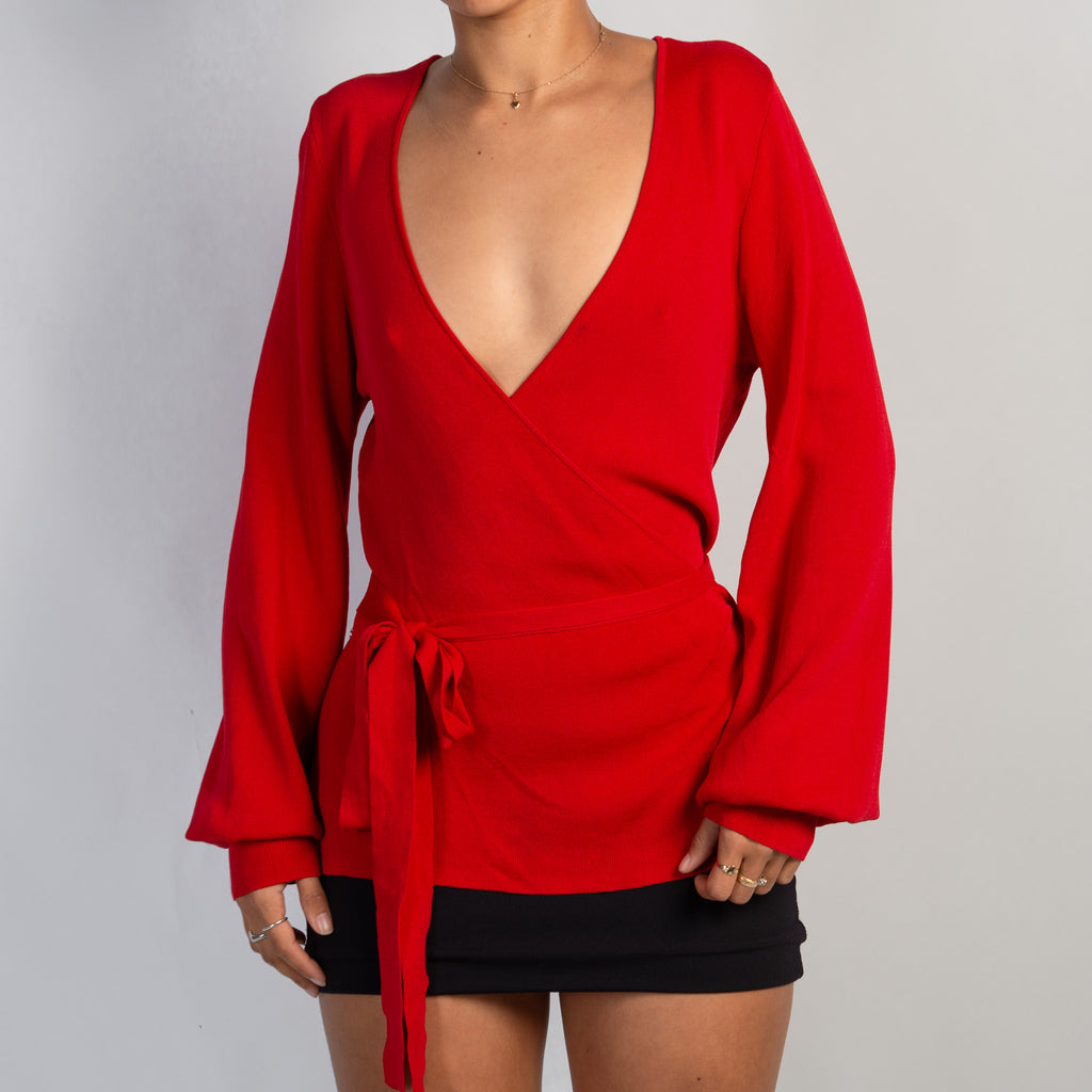 RED KNIT WRAP TOP