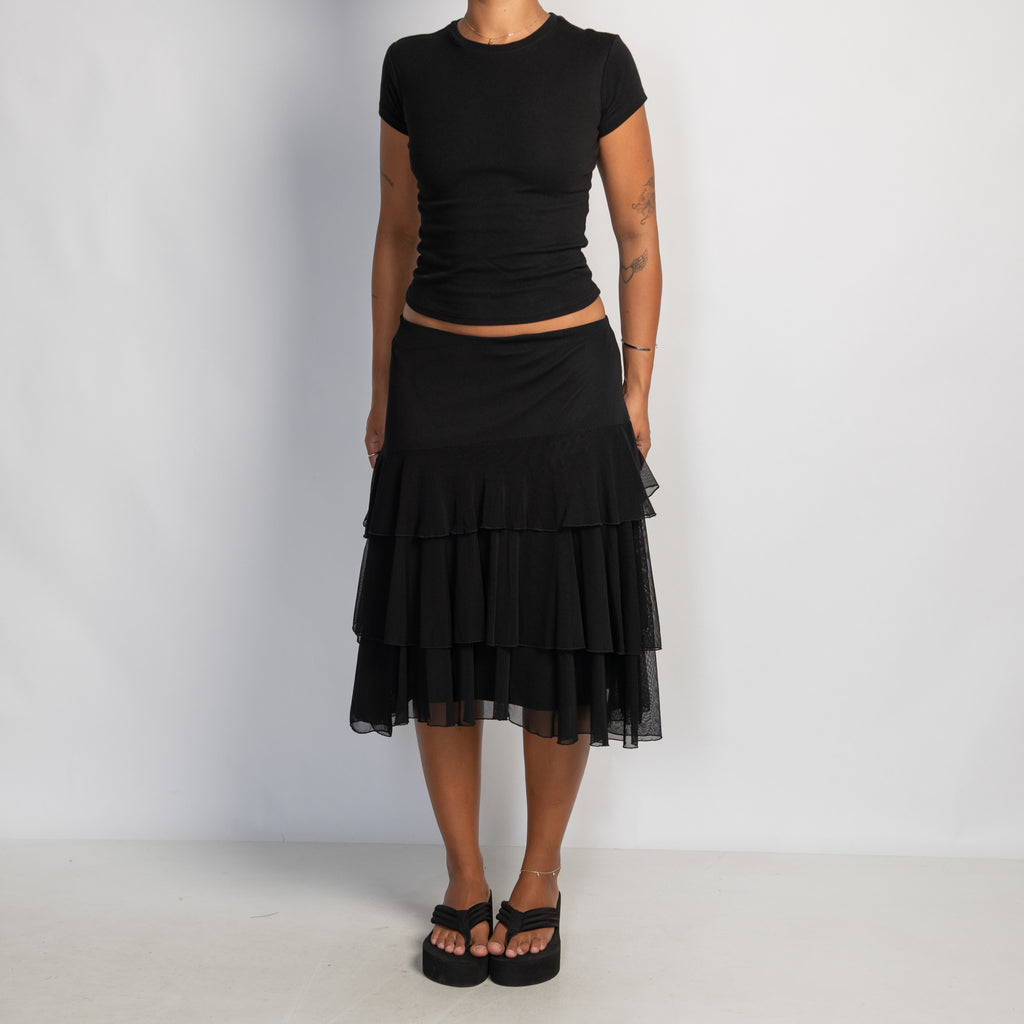 BLACK TIERED MIDI SKIRT