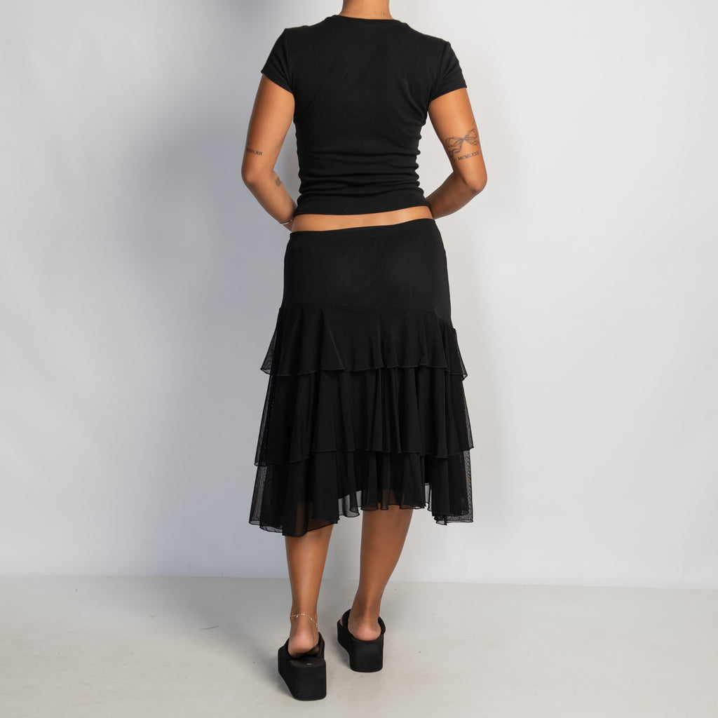 BLACK TIERED MIDI SKIRT
