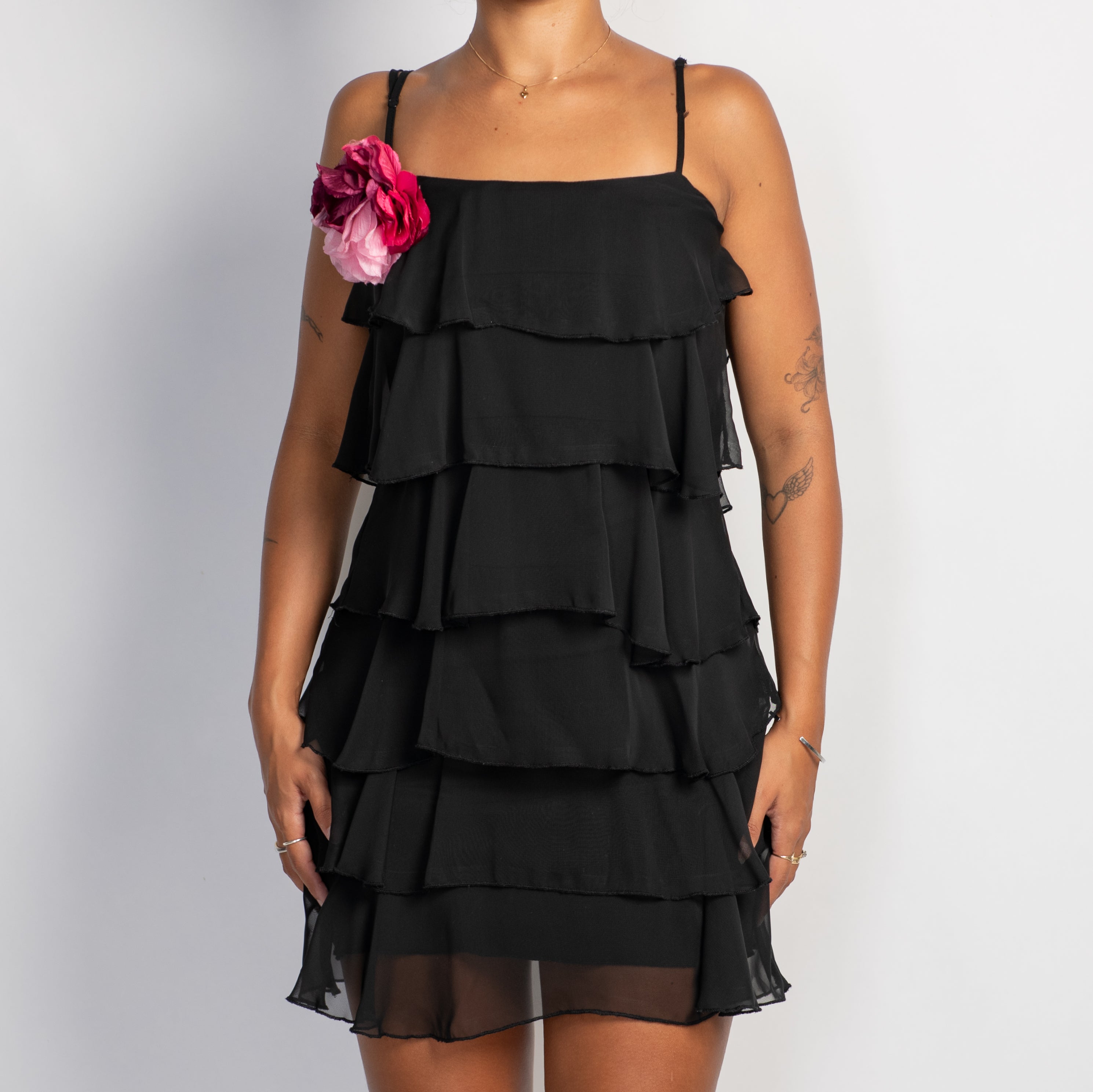 BLACK TIERED RUFFLE DRESS