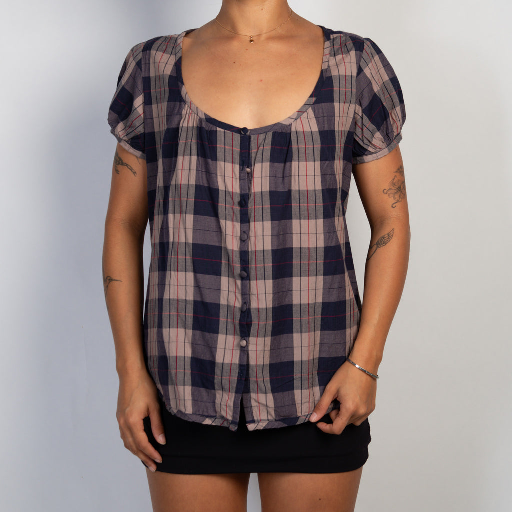 COTTON PLAID BUTTON BLOUSE