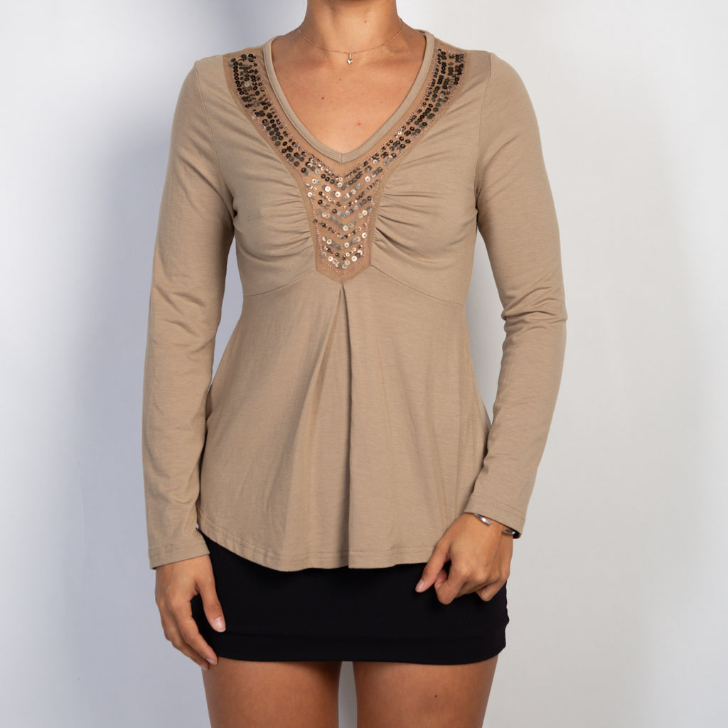 TAN SEQUIN STRETCH TOP