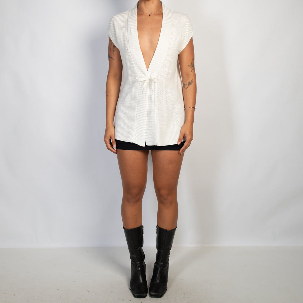 WHITE KNIT TIE FRONT TOP
