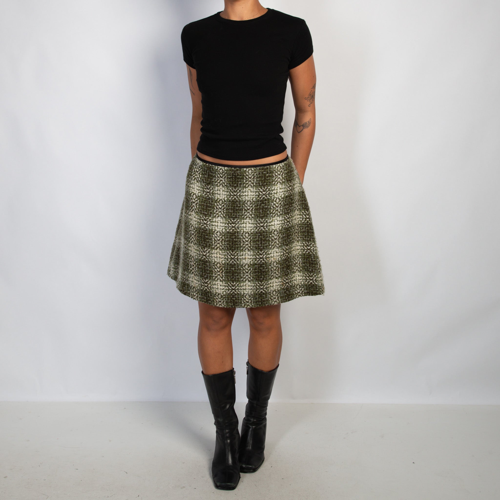 GREEN WOOL PLAID SKIRT