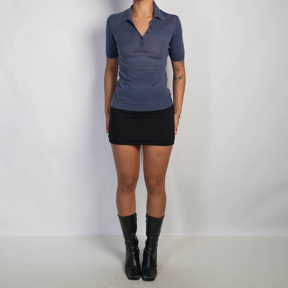 NAVY KNIT POLO TOP