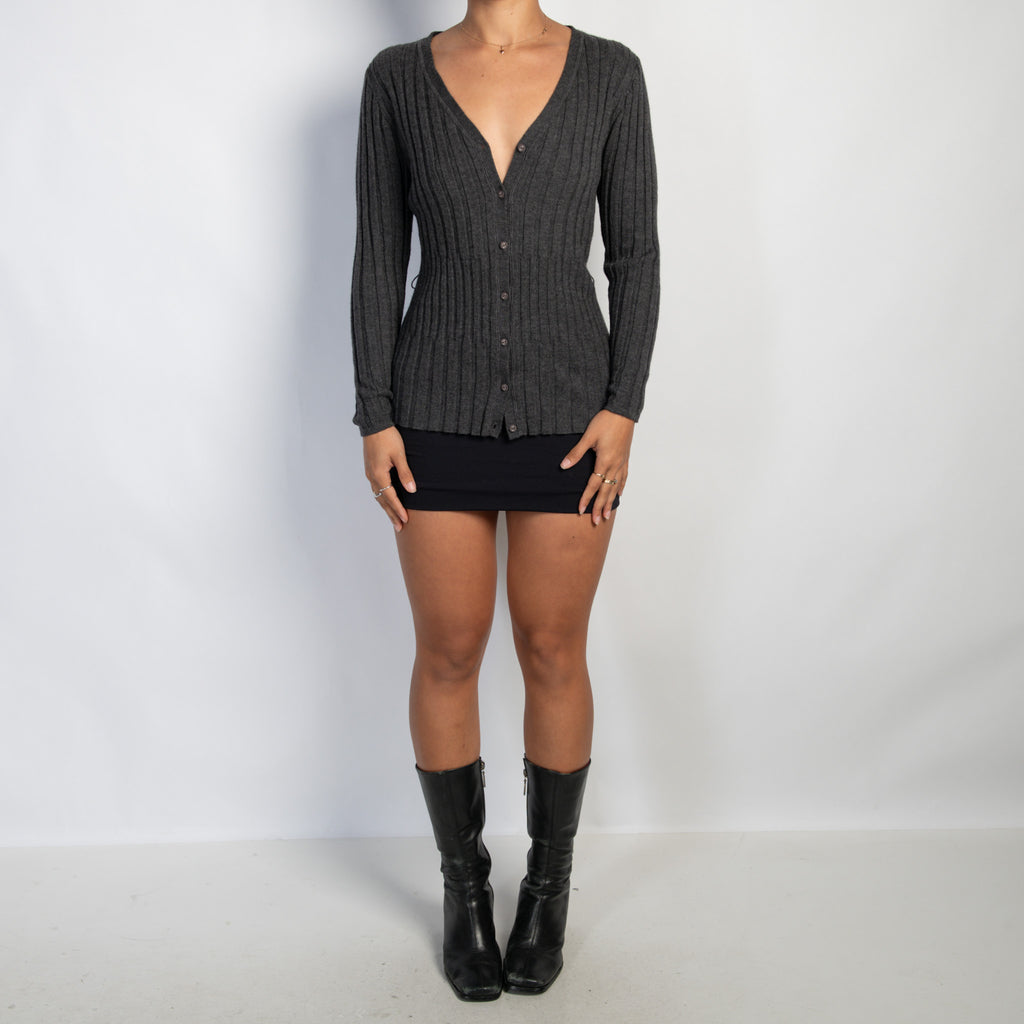 GREY WOOL RIB CARDIGAN
