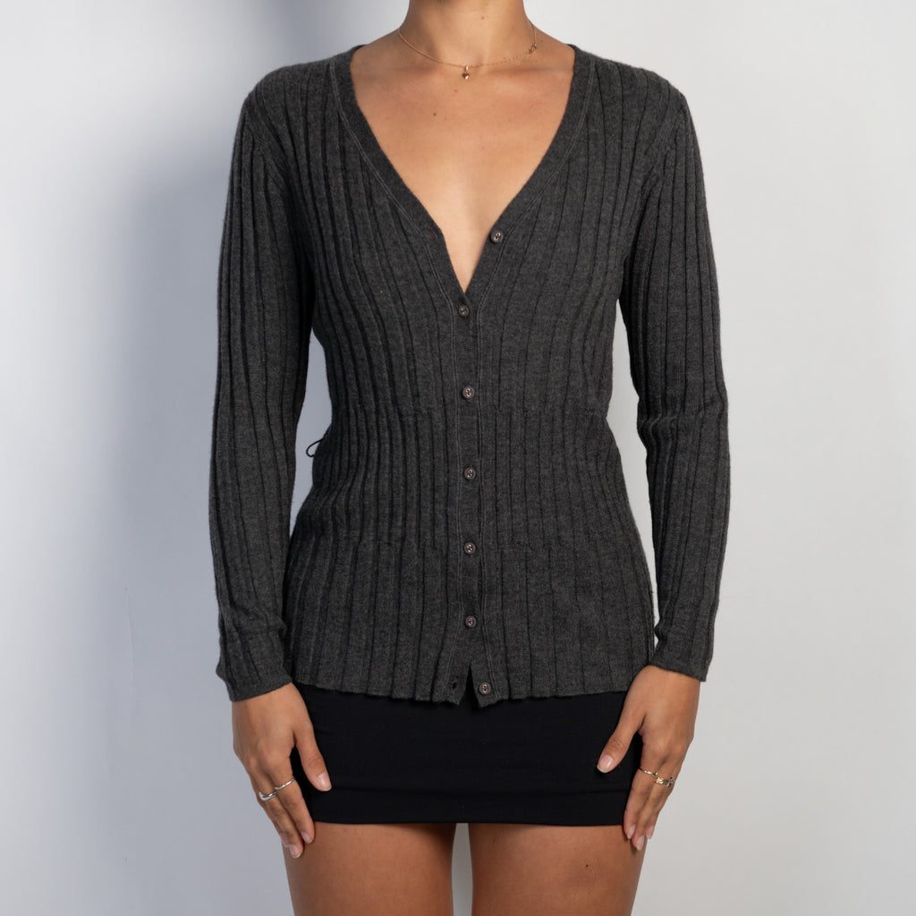 GREY WOOL RIB CARDIGAN