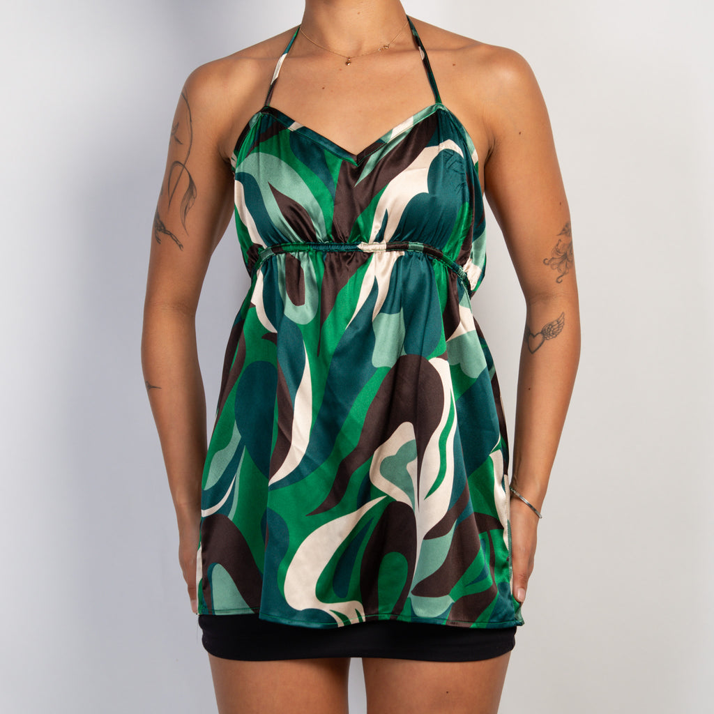 GREEN SATIN HALTER TOP