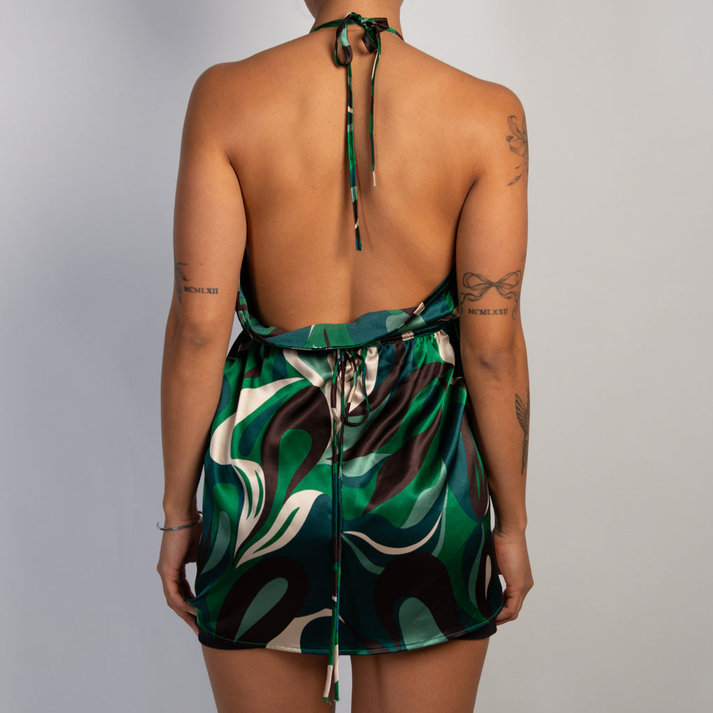GREEN SATIN HALTER TOP