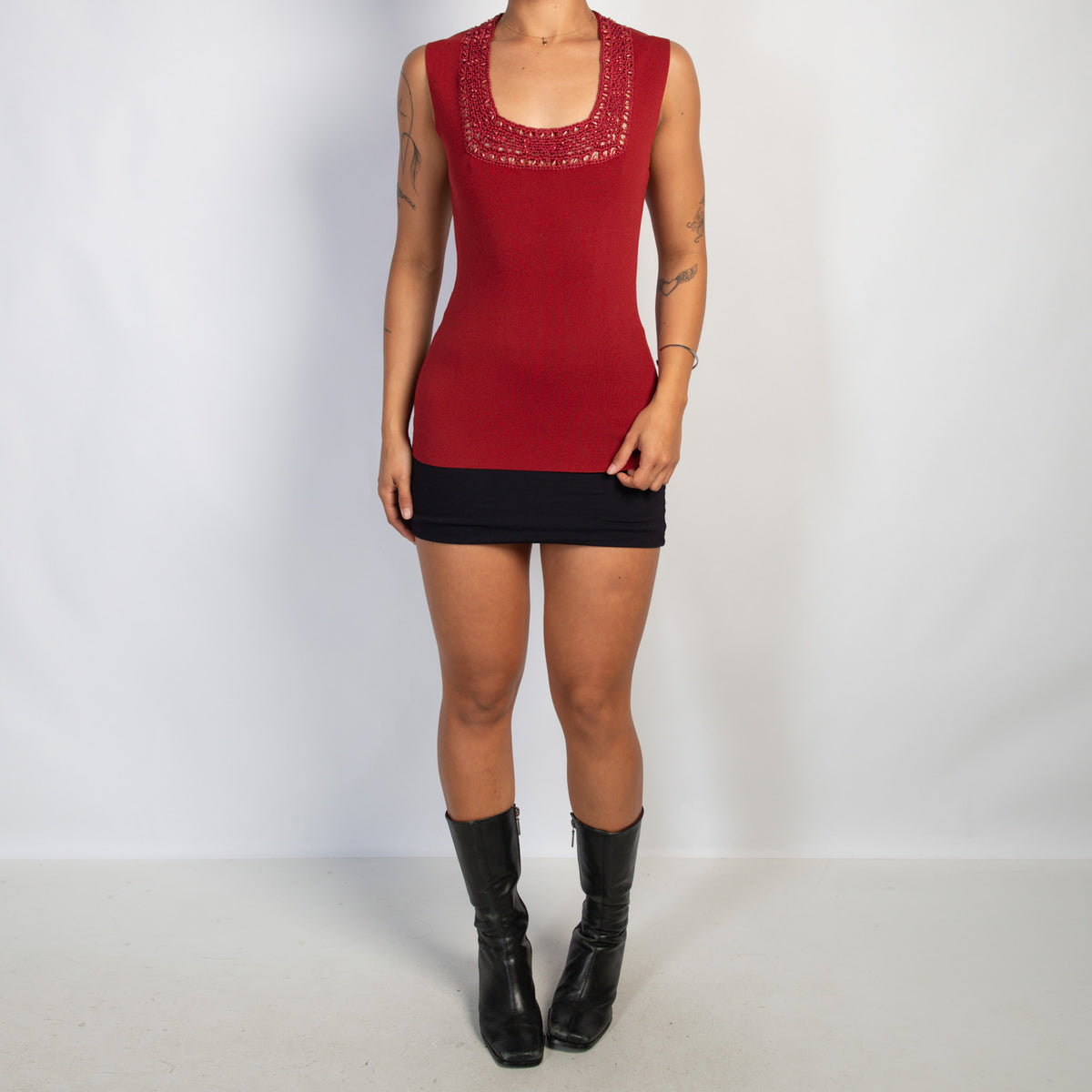 RED KNIT BEADED TOP