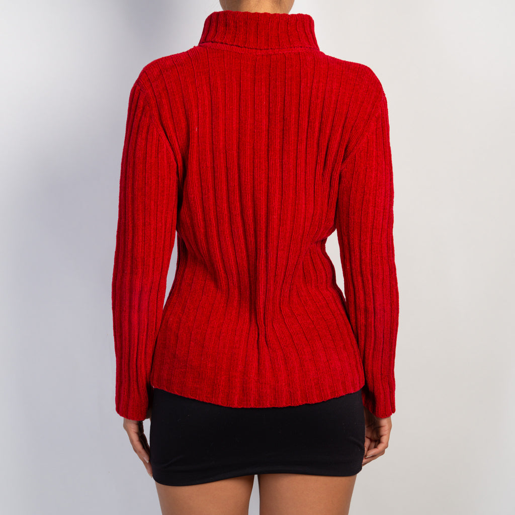 RED RIB TURTLENECK KNIT TOP