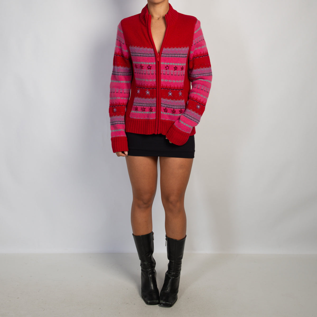 PATTERN KNIT ZIP CARDIGAN